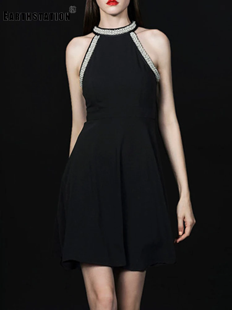 

Heavy craft, beading, sleeveless, hanging neck, waist dress, ladies, summer new style, big swing, sexy, leaky shoulder, party