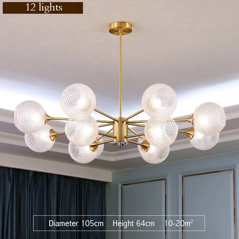 10Lights Современный роскошный стеклянный медная люстра освещение Сферический шар светильник светодионые лампочки люстры для помещений Гостиная/Обеденная лампа - Цвет абажура: 10Lights