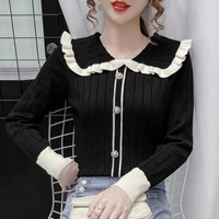 autumn winter peter pan collar pull femme pearl button pullover sweater women long sleeve top knit slim color contrast sweaters