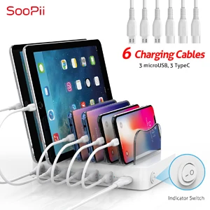 Soopii 50 W/10A 6-портовый usb зарядная станция органайзер для нескольких устройств, док-станция с 6 смешанными кабелями в комплекте