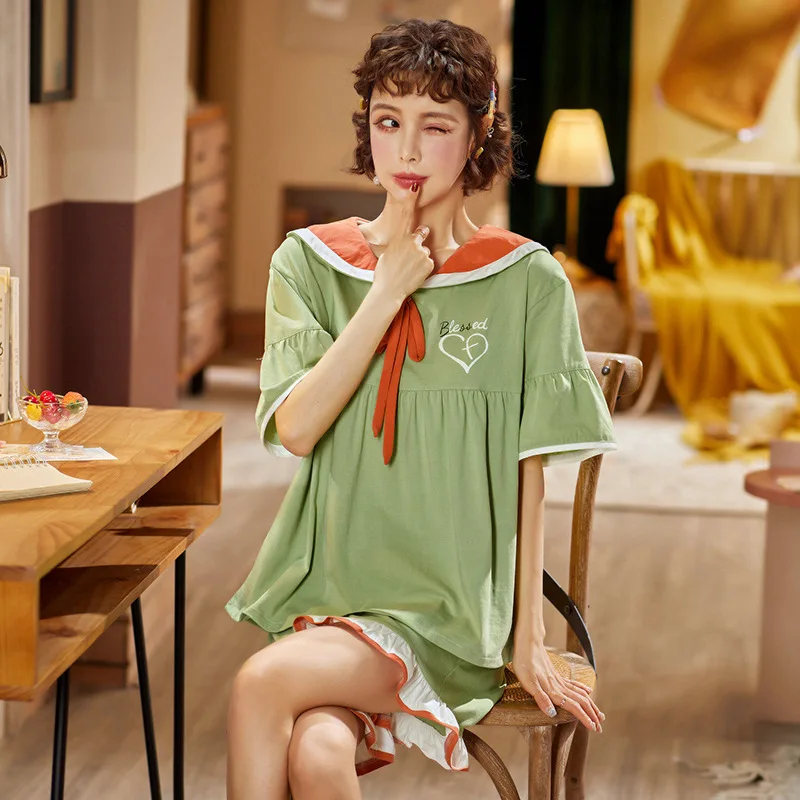 

Pygama Femme Kawaii Lingerie Cotton Pajamas for Women Girls 2020 Korean Fashion Summer Bow Short Sleeve Sleepwear Home Clothes