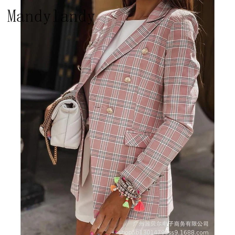 

Пальто Mandylandy, блейзеры, Осеннее двубортное Свободное пальто с длинным рукавом и карманами, женское повседневное Прямое пальто в клетку