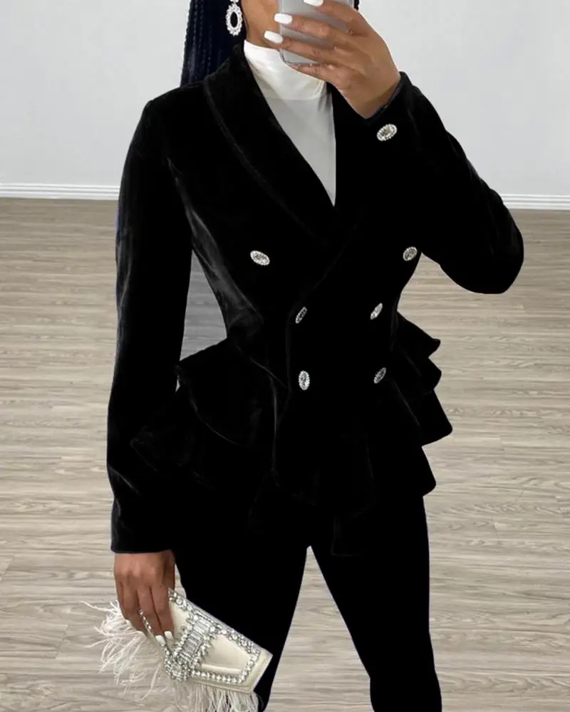 OL двубортный бархатный блейзер с рюшами рабочая одежда для женщин длинным