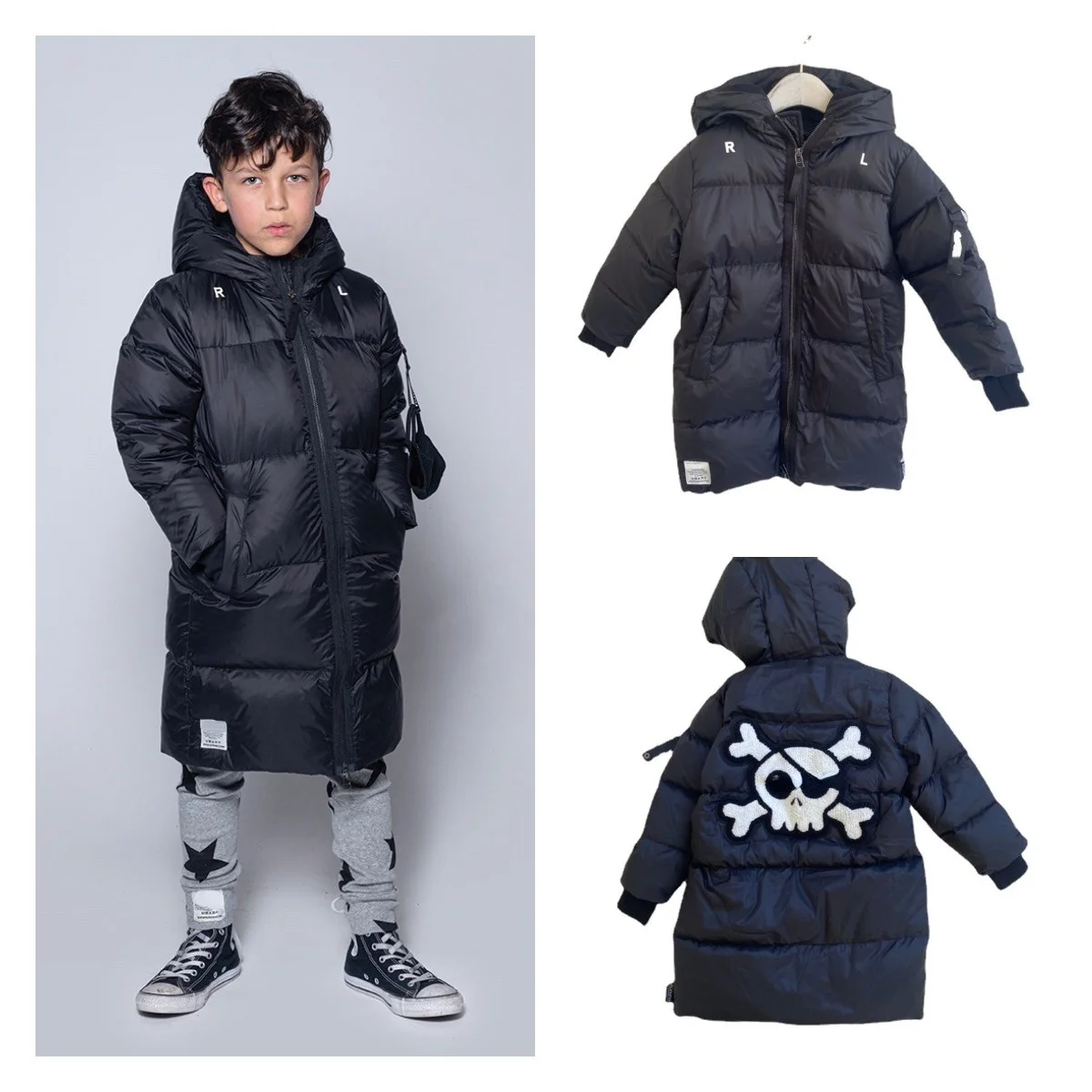 

In Stock Winter Thickened Children's Down Jacket Nu Boys and Girls Solid Color Long Zipper White Duck Down Coat