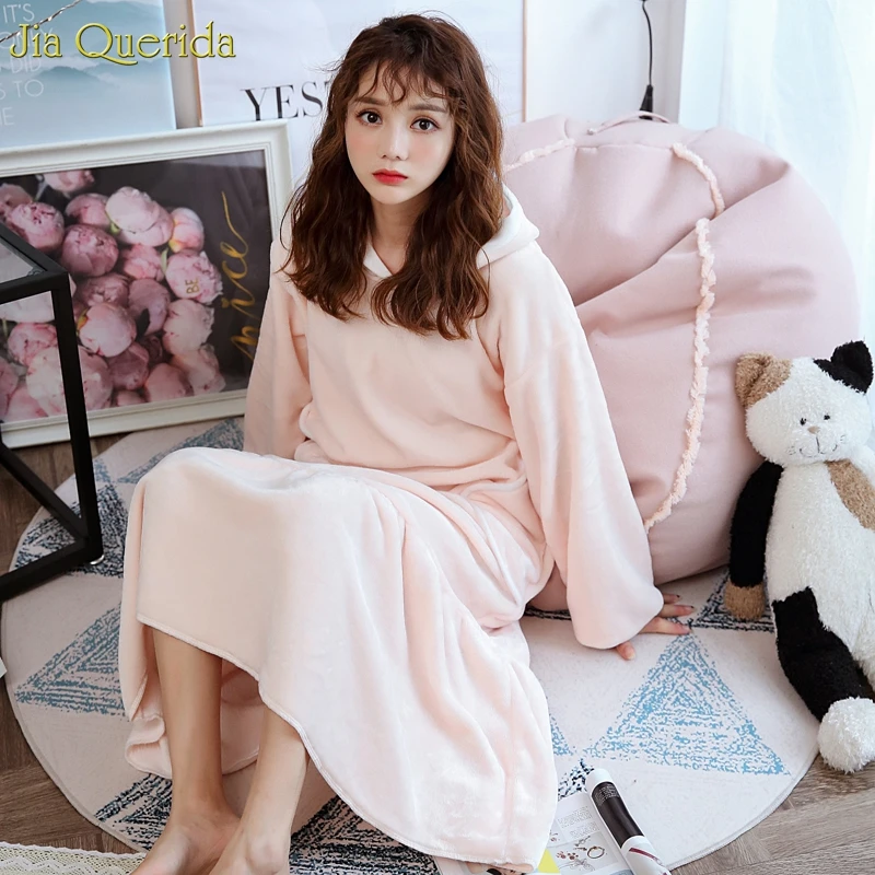 Зимнее Фланелевое платье с капюшоном и милым Кроликом Дамское Ночное Kawaii