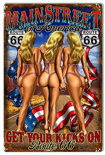 

Vintage Metal Sign Main Street Pin Up Girls Tin Sign for Home Farmhouse Farm Country Chicken Coop Kitchen Bar Club Pub