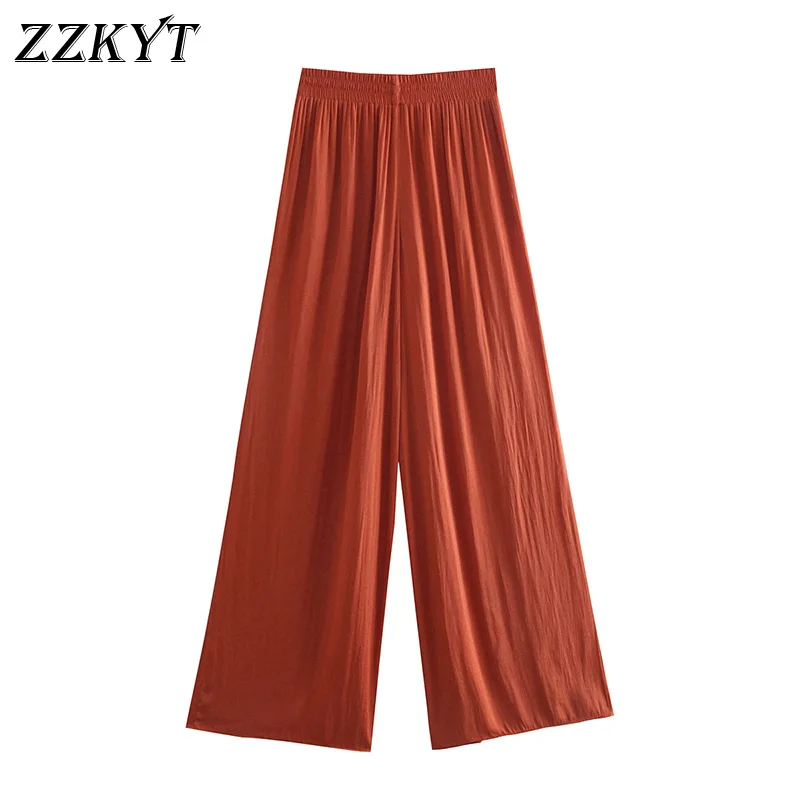 

ZZKYT 2021 Women Summer Fashion Solid Wide Leg Pants Vintage Elastic Waist Fly Side Pockets Office Lady Female Trousers Mujer