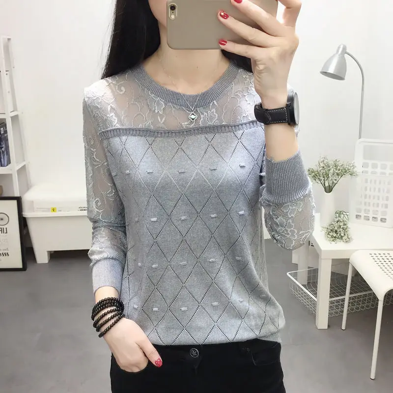 

2021 Autumn Winter O-neck Lace Knitted Womens Sweaters Long-sleeve Loose Basic Knit Sweater Pullover Hollow Sexy Ladies Clothing