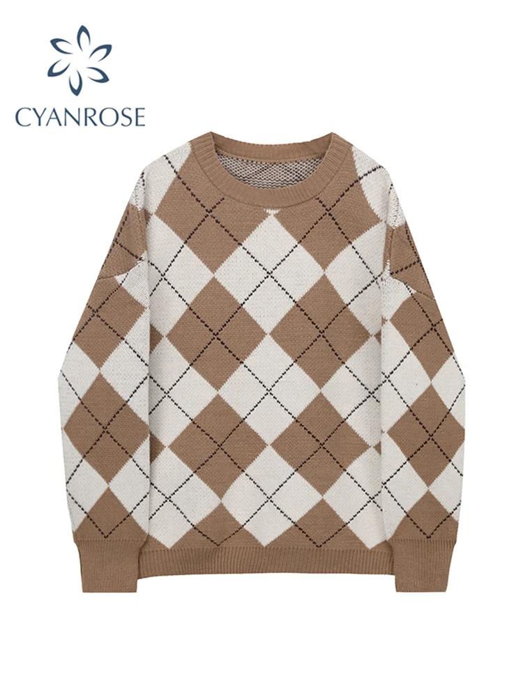 

Winter Women Vintage Wool Sweater Pullovers Casual Chic Fashion Harajuku Rhombus Plaid O-Neck Sweet Loose Female Knitwear Tops
