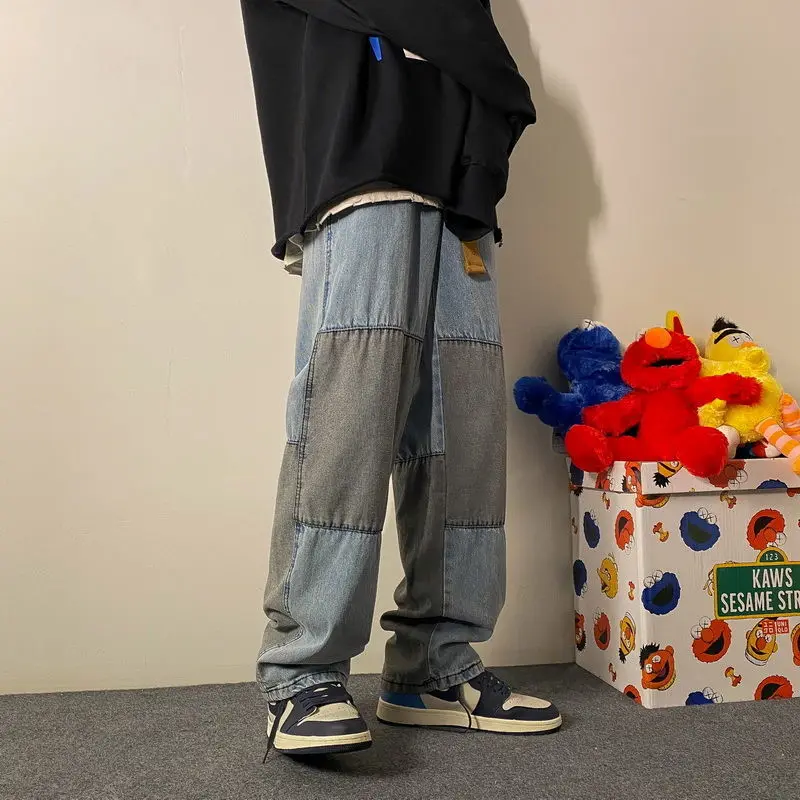 

Patchwork Jeans Mens Straight Retro Vintage Wide Leg Pants Stitching Loose Baggy Pants Korean Fashion Hip Hop Masculina Trousers