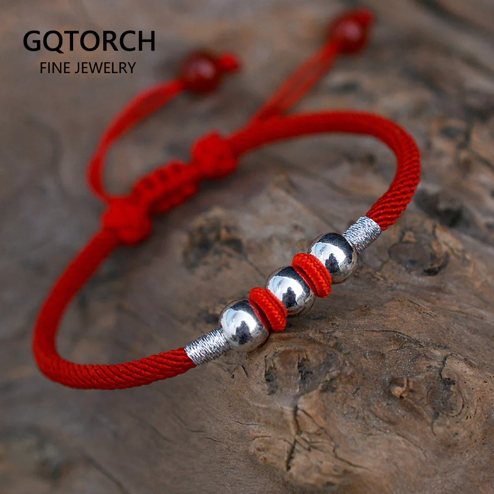 Настоящее чистое серебро 999 пробы круглые бусины Lucky Red Rope ручной работы браслет