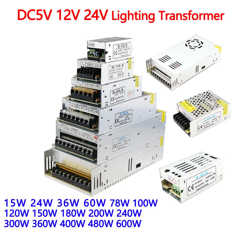 

Блок питания 12 В, 5 А, 5 В, 24 В, Трансформаторы освещения 1 А, 2 А, 3 А, 5 А, 10 А, 15 А, 20 А, 25 А, 30 А, 40 А, 50 А, 60 А, для светодиодов