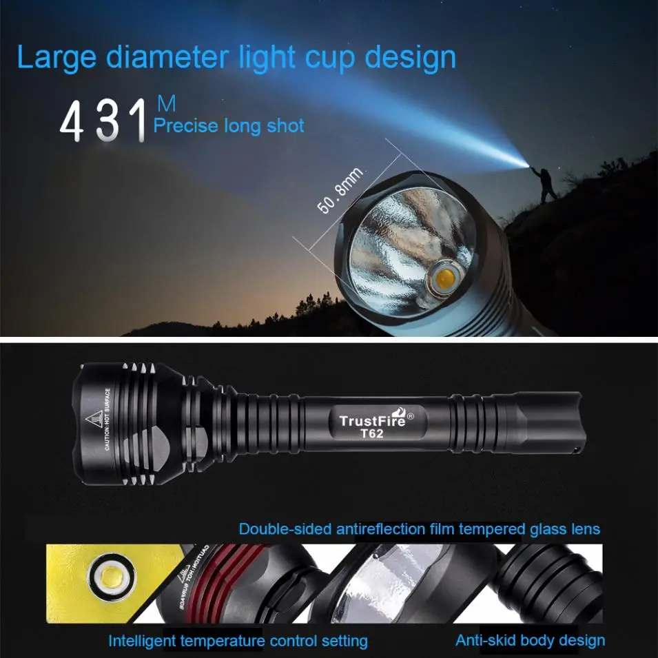 

Trustfire T62 3600LM Flashlight IPX-8 Waterproof Mult Function Hunting Light Distance 431 Metres Tactical Torch for Outdoors