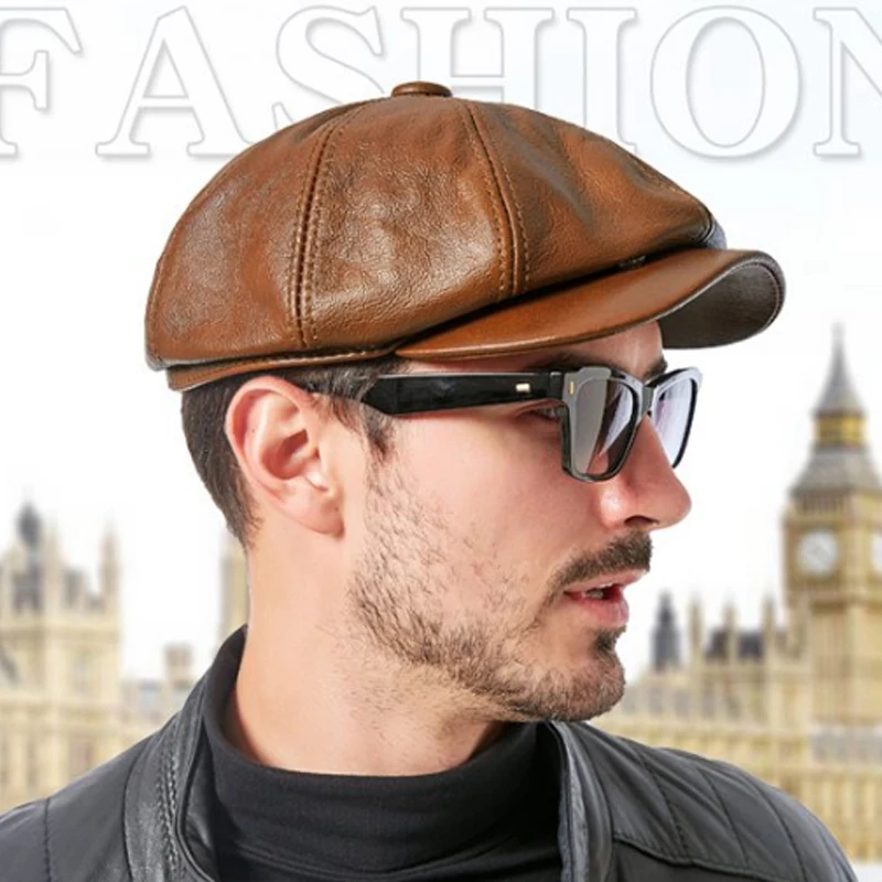 

Retro Octagonal Genuine Leather Hat Winter Men's Cowhide Leather Beret Elegant Fashion Student Tongue Cap Snapback Caps For Men