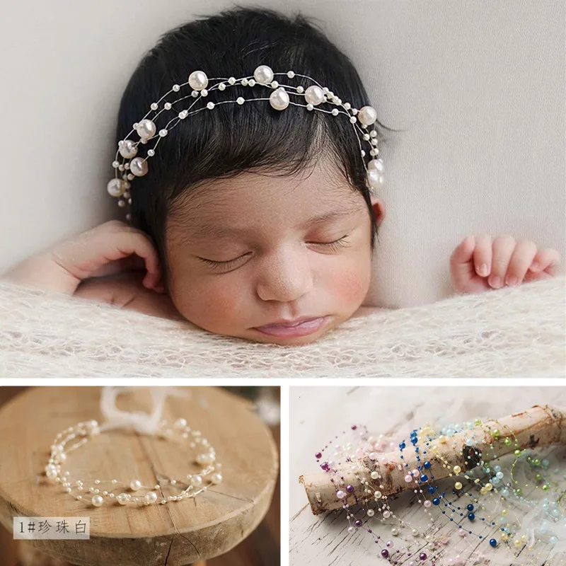 Accesorios de fotograf&iacute;a para beb&eacute;, tocado con cuentas de perlas en 7 colores, diadema para estudio de fotograf&iacute;a, accesorios para sesi&oacute;n de fotos de reci&eacute;n nacido, sombreros para ni&ntilde;a-0