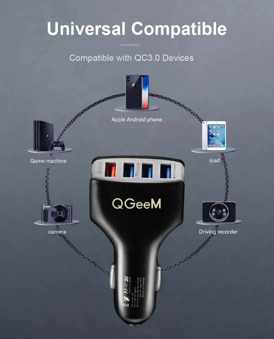 QGEEM 4USB QC 3,0 Автомобильное зарядное устройство Быстрая зарядка 3,0 Зарядка для телефона Автомобильное быстрое зарядное устройство 4 порта USB Автомобильное портативное зарядное устройство для iPhone Xiaomi