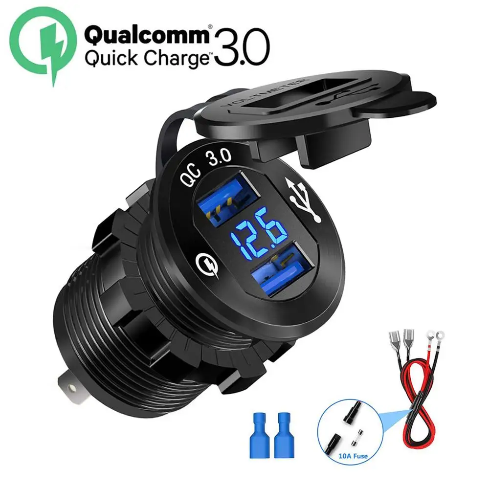 

Quick Charge 3.0 USB Car Charger Adapter Socket 12V/24V Dual USB Fast Charger Digital Display Voltmeter for Car Marine Truck