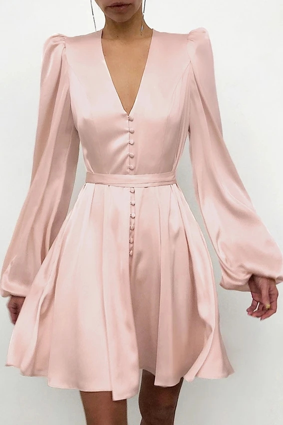 

Women V Neck Satin Dress satin pure color Ding V neck lantern sleeve dress feminine sense