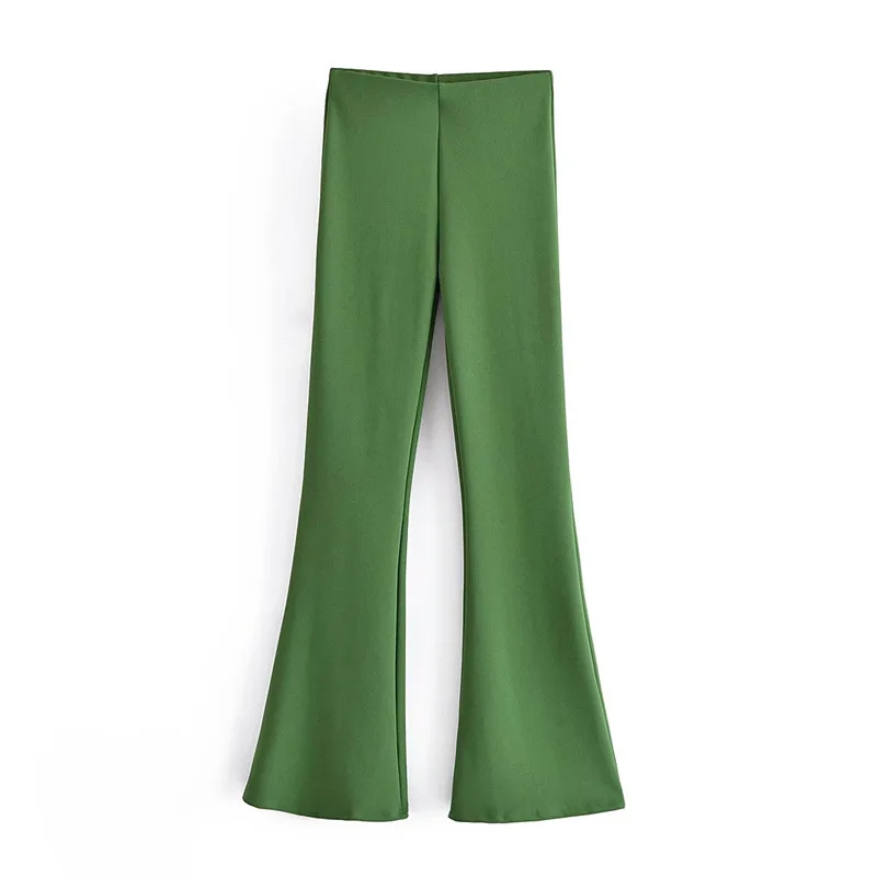 

Women Chic Fashion Soft Touch Green Flare Pants Vintage High Elastic Waist Female Trousers Mujer