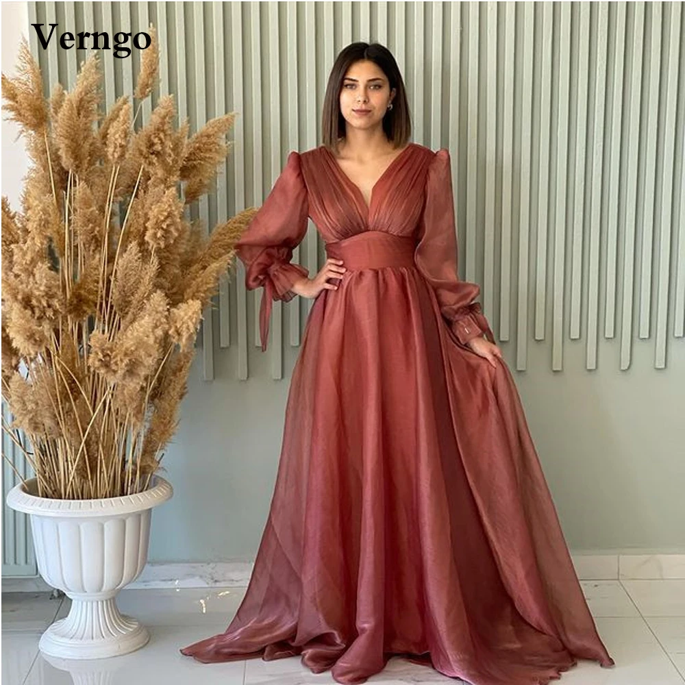 

Verngo Modest Organza A Line Evening Dresses Long Sleeves V Neck Modest Simple Saudi Arabic Women Formal Prom Dress Plus Size