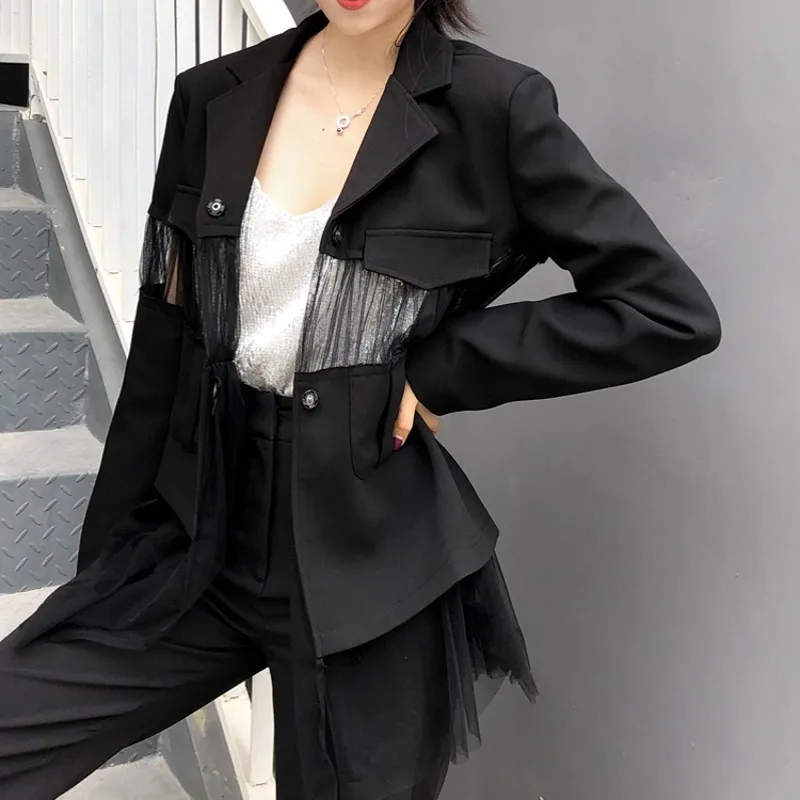 

Spring New Brand Mesh Patchwork See Through Chic Womens Blazer Jackets Long Sleeve Asymmetrical Fake Pockets Female Outerwear