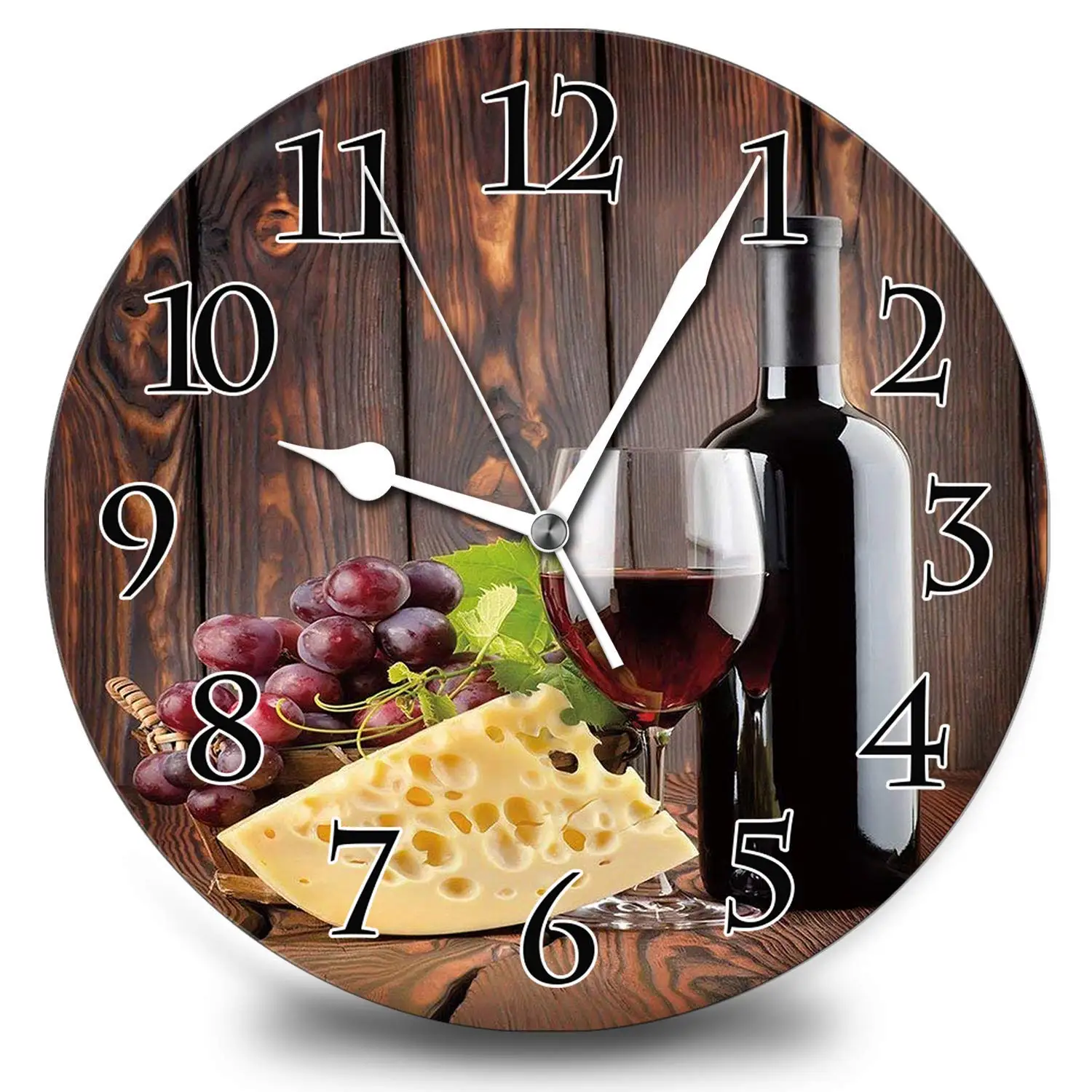 

Настенные часы в винтажном стиле, деревянные круглые ретро-часы с арабскими цифрами, не тикает, цвет вино, шампанское, виноград, 12 дюймов