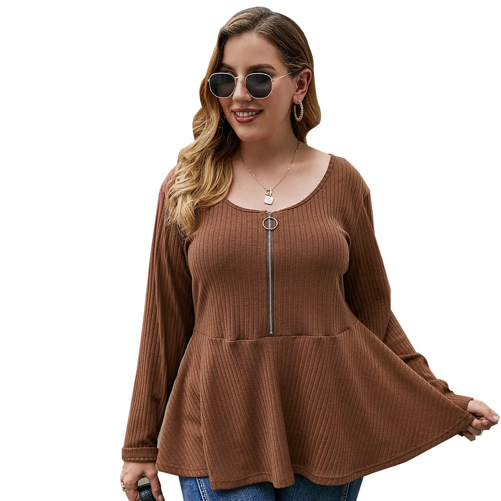 

New Ladies Autumn Winter Plus Size Knit Tops For Women Large Long Sleeve Slim Brown Red Ruffle Zipper T-shirt 3XL 4XL 5XL 6XL