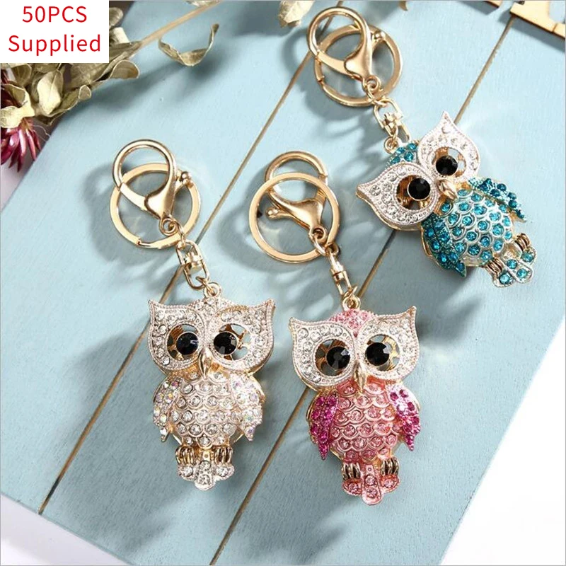 

50pcs Cool Owl Full Crystal Keychain Owl Keyring Stereo Rhinestone Jewelry Gift Wallet Car Men and Women Pendant Wholesale