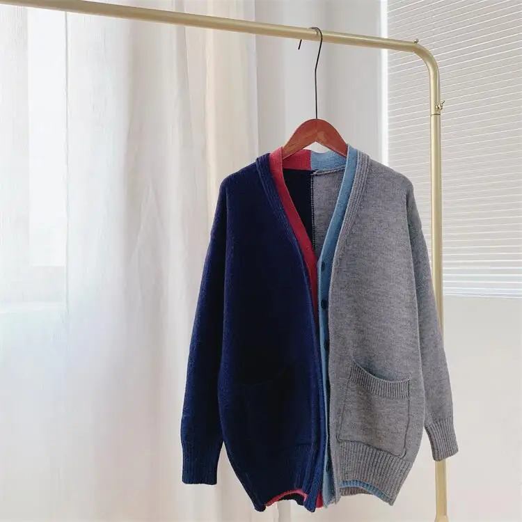 

Кардиган женский контрастный в стиле пэчворк на раннюю осень и зиму, модель 2021 года