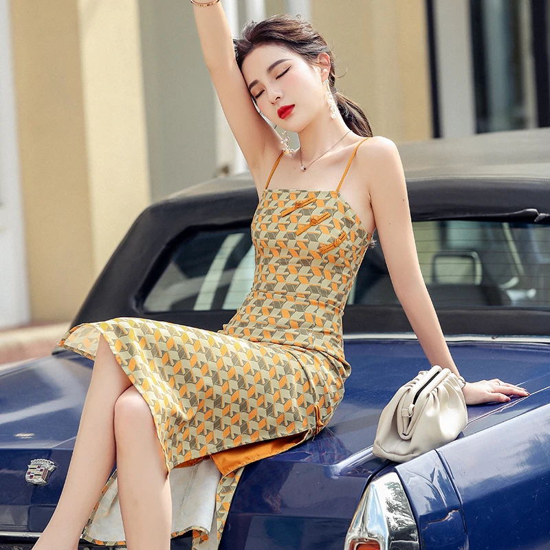 

Woman Yellow Print Dress Summer New Retro Sexy Backless Spaghetti Strap Up Side Split Elegant Tight Dress