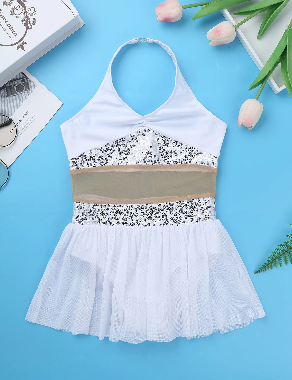 ChicTry Girls Halter Sequin Mesh Stretchy Figure Skating Dress Gymnastics Ballet Leotard Kids Performance Lyrical Dance Costumes