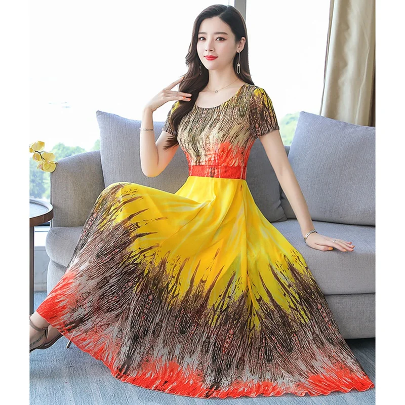 

Women's Casual Wear Waistline Loose Short Sleeve Printed Long Skirt