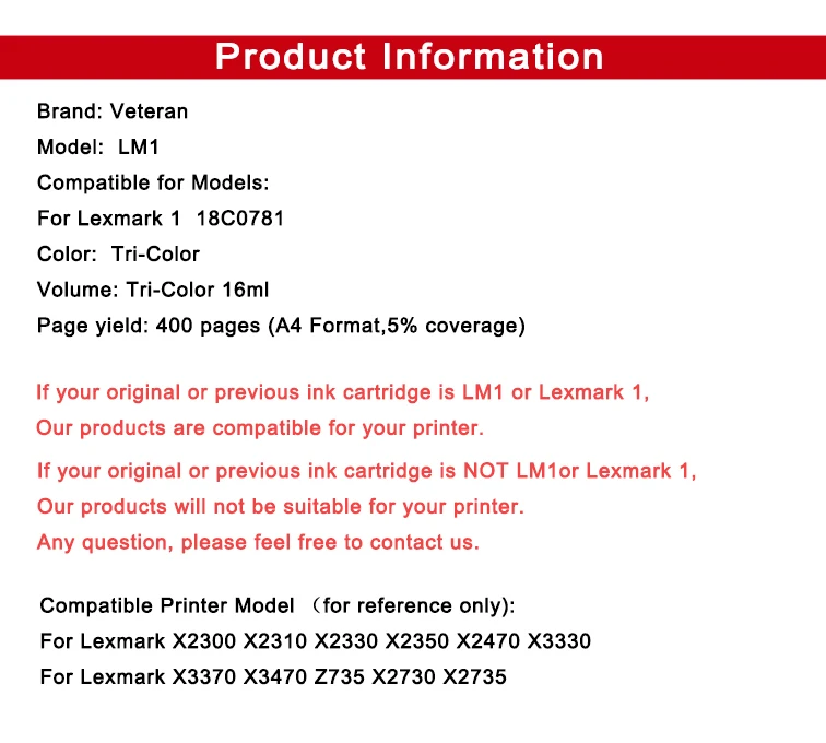 Совместимый с Lexmark 1 чернильный картридж для X3470 X2300 X2310 X2330 X2350 X2470 X3330 X3370 Z730 Z735 X2730 |