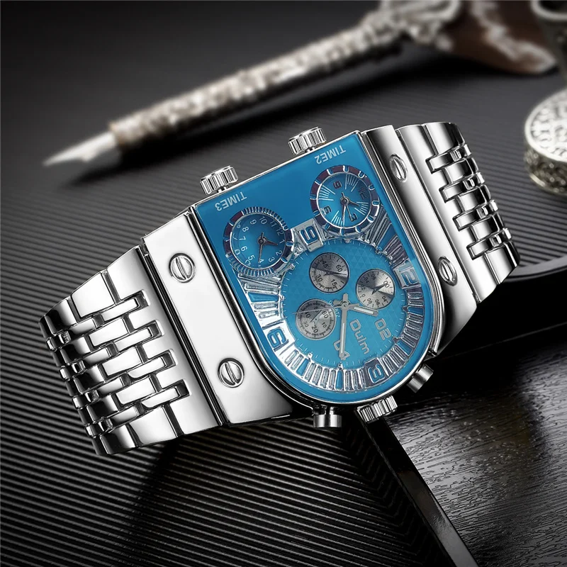 Часы Oulm 9315 Мужские кварцевые серебристые синие золотистые с тремя часовыми