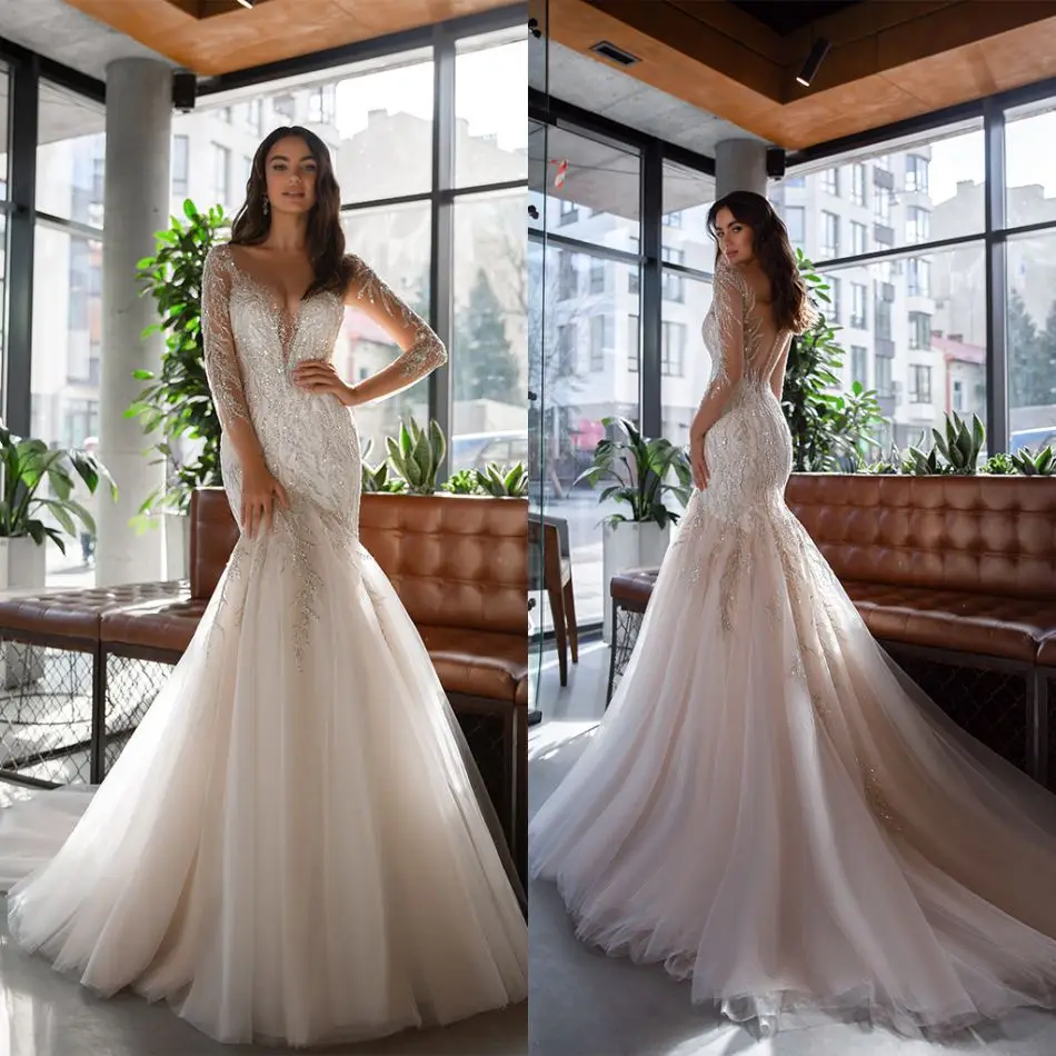 

Mermaid Wedding Dresses Sexy Deep V Neck Long Sleeves Button Back Bridal Gowns Lace Appliques Beads Sequins Wedding Dress