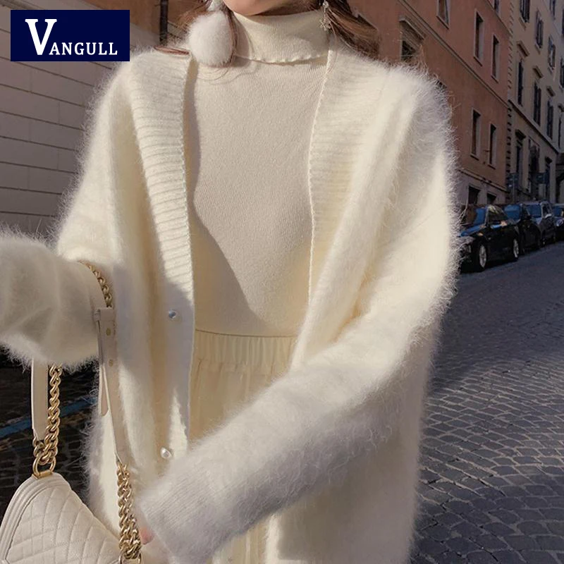

Vangull Elegant Mink Cashmere Women Cardigan Swetaer Chic Winter Pearl Button V-Neck Knitted Sweater Mohair Soft Loose Outerwear