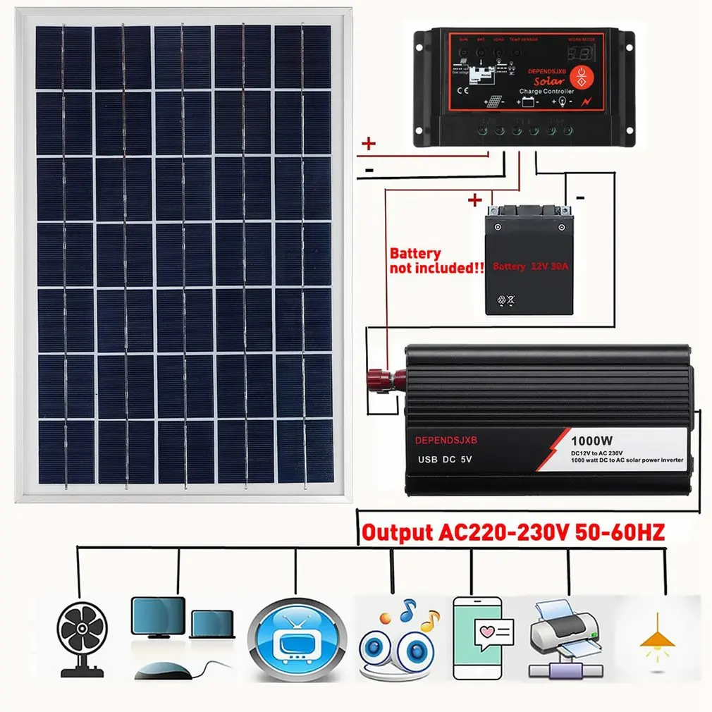 

1000W Top Kwaliteit Solar Batterij Zonnepaneel Systeem 50A Laadregelaar 1000W Omvormer Kit Power Generatie Panel kit