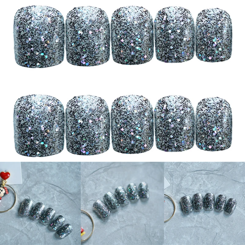 24 шт сексуальные накладные ногти с клеем Блестящие Блестки Короткие поддельные