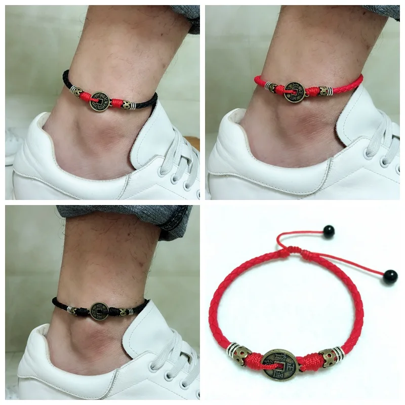 Модный Красный веревочный ретро браслет на лодыжку с монетами регулируемый плетеный веревочный амулет для монет ручной работы 2021