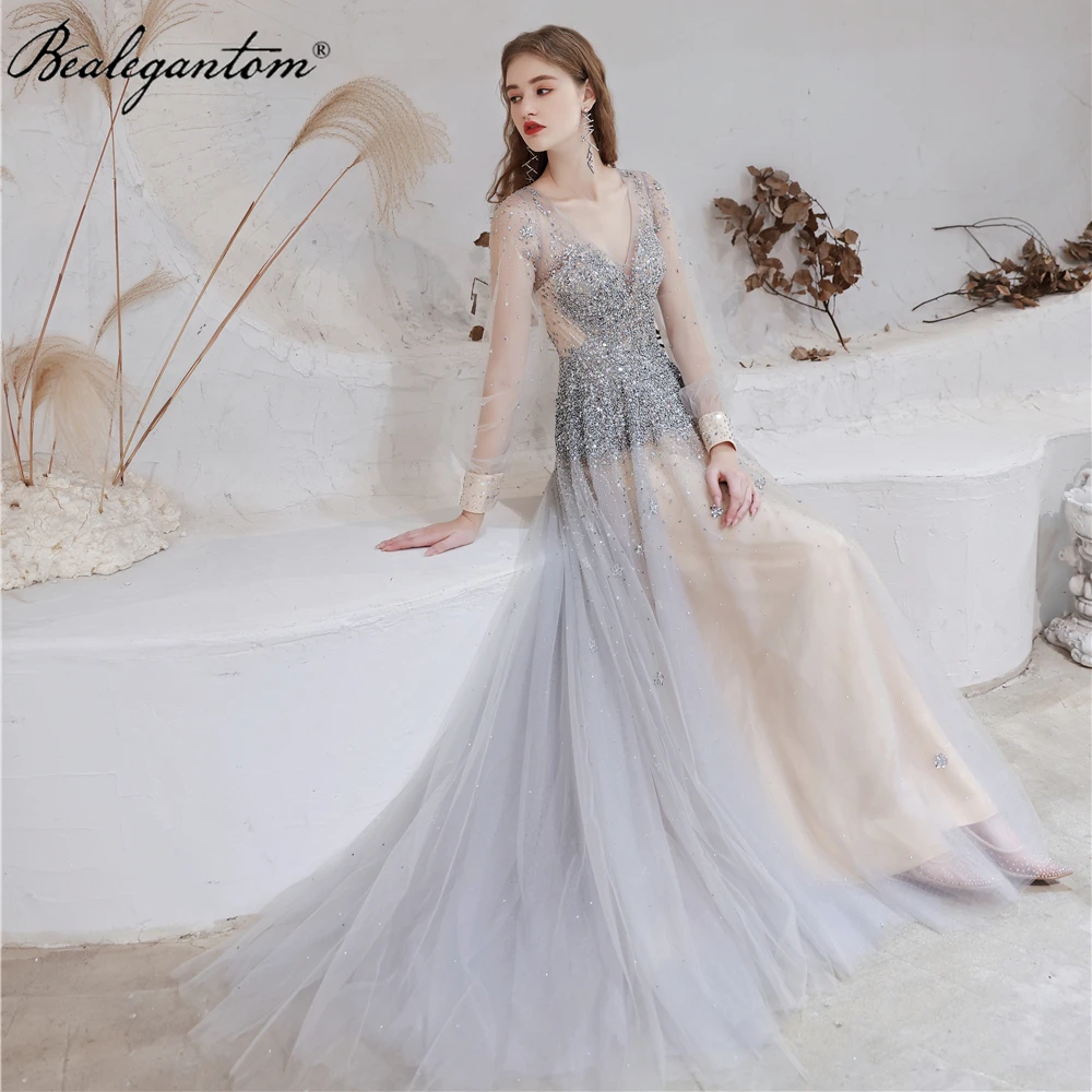 

Sparkl Luxury Evening Dresses 2023 Bealegantom A-Line Sequin Beading Long Formal Prom Gowns Vestido Robe Soiree Real Photo