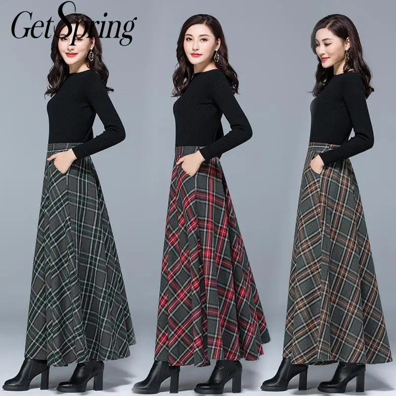 Женская юбка Getspring утолщенная шерстяная клетчатая размера плюс длинная с высокой