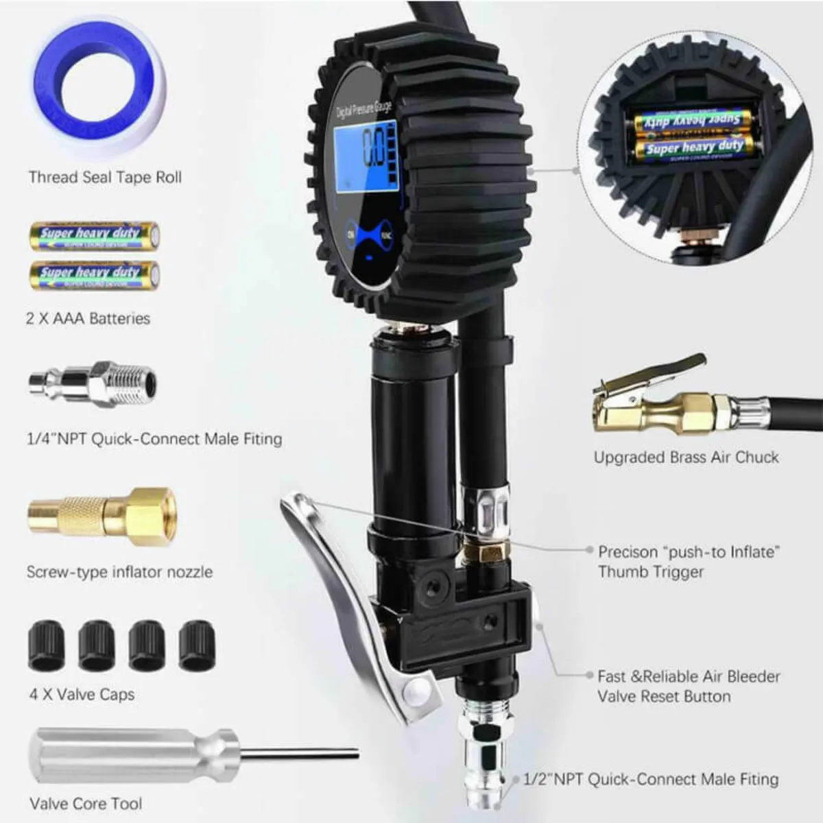 200PSI ЖК-дисплей Манометр давления в шинах цифровой измеритель глубины протектора шин Манометр давления воздуха быстрое соединение муфта для автомобиля грузовика мотоцикла