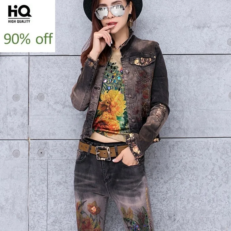 Европейский стиль черные джинсовые пальто с принтом женская мода расшитая