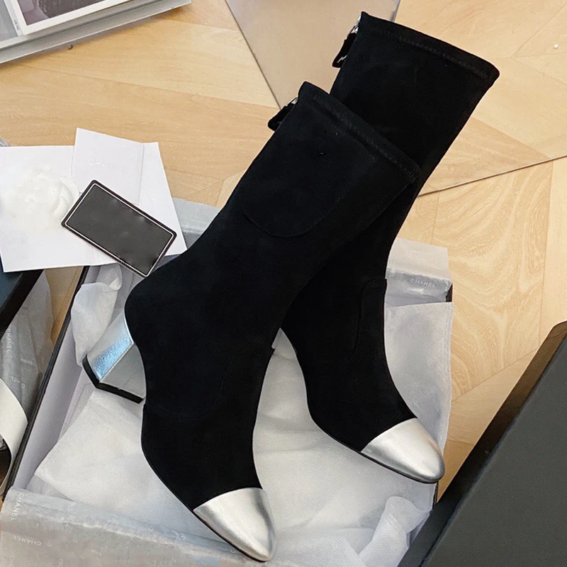 

2021 Brand Design Patent Leather Boots Women Classic Mixed Colors Square Heels Lady Fashion Shoes Botas Femininas