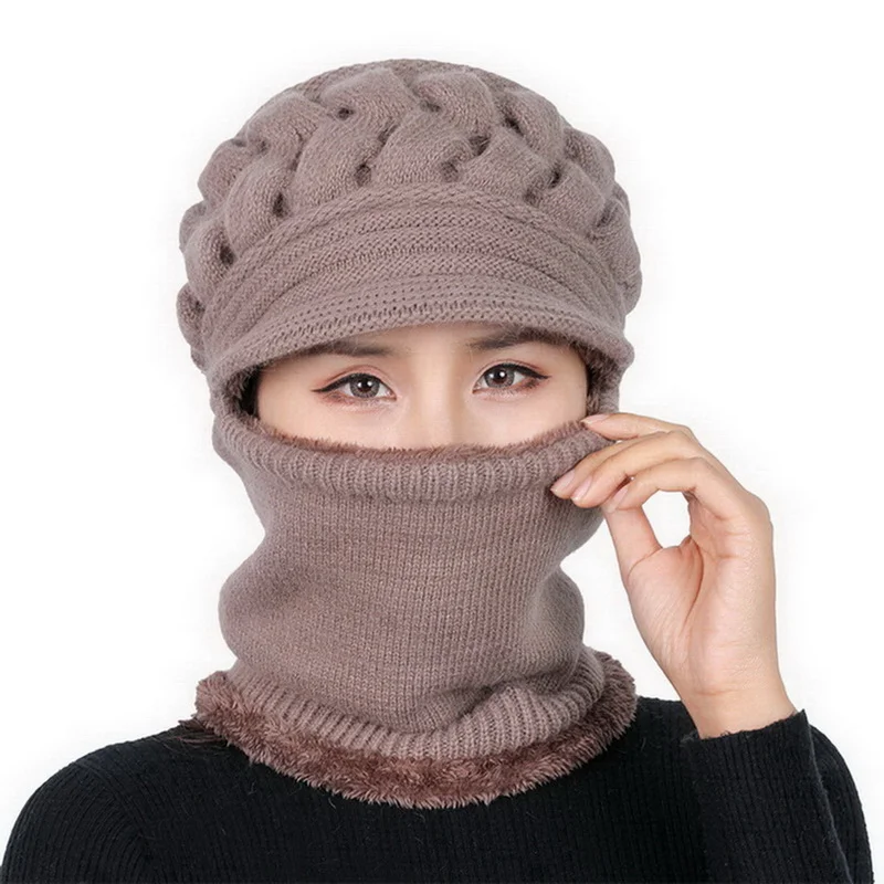 

Ladies Woolen Hats Bib One-piece Caps For The Elderly Windproof Cold-proof Comfortable And Warm High-quality Solid Color Hats