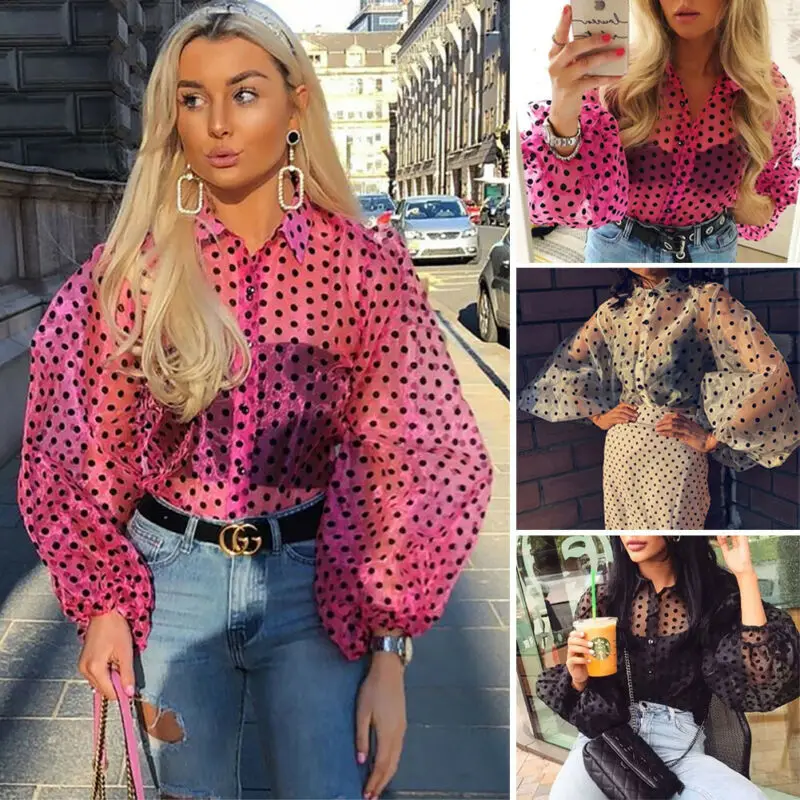 2020 New Women Mesh Sheer Blouse See-through Lantern Long Sleeve Fashion Pearl Button Transparent Dot Shirt Female Blusas | Женская
