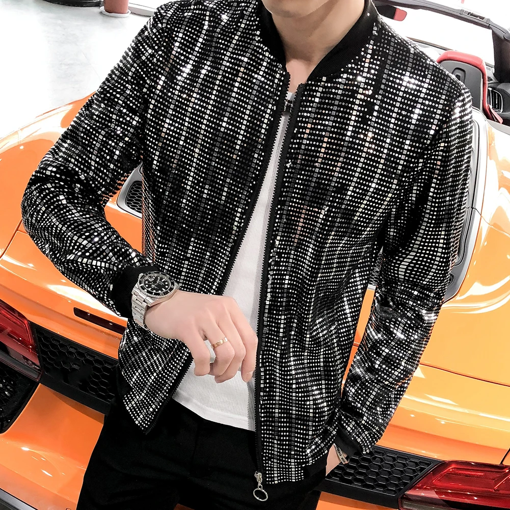 

2021 New Sequined Bomber Jacket Men Shiny Sequins Long Sleeve Zipper Coat Hip Hop Loose Night Club Stage Streetwear Coats