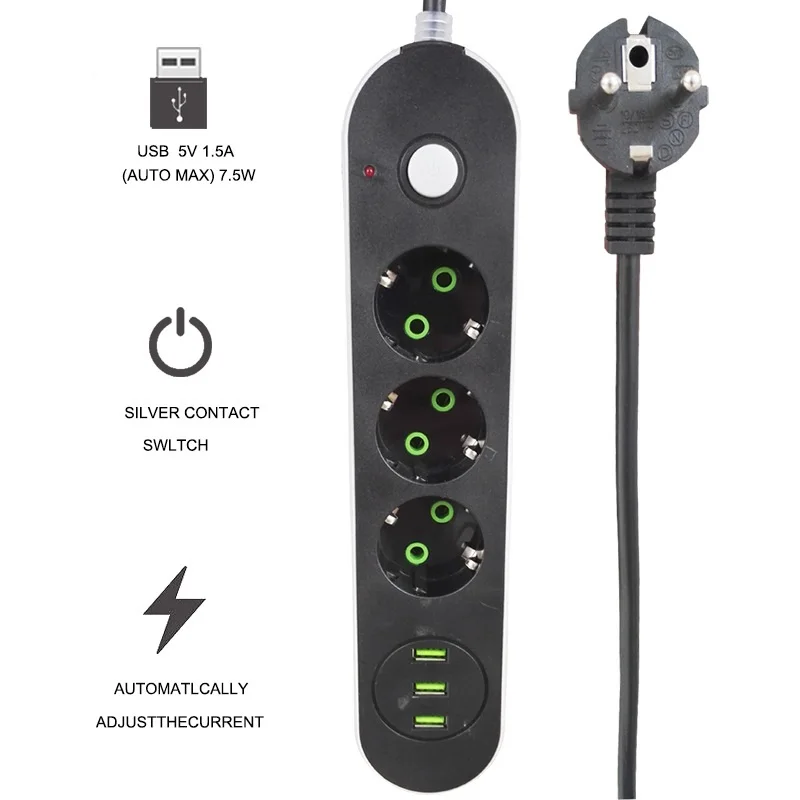 Умный USB Мощность розеток EU/FC штекер 3 розетки Порты и разъёмы Зарядное устройство