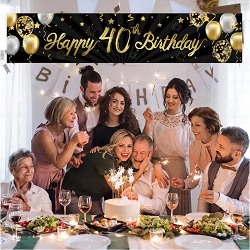 

180cm Gold Black Fabrics Happy Birthday Banner 16th 21st 30th 50th Number Years Birthday Party Decoration