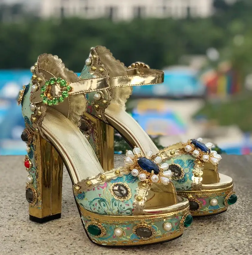 Qianruiti женские Роскошные Драгоценные сандалии жаккардовые на блочном каблуке